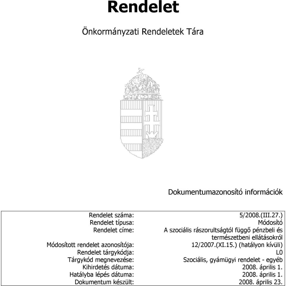 Módosított rendelet azonosítója: 12/2007.(XI.15.