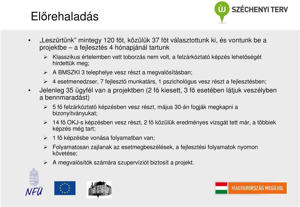 projektben (2 fı kiesett, 3 fı esetében látjuk veszélyben a bennmaradást) 5 fı felzárkóztató képzésben vesz részt, május 30-án fogják megkapni a bizonyítványukat; 14 fı OKJ-s képzésben vesz részt, 2