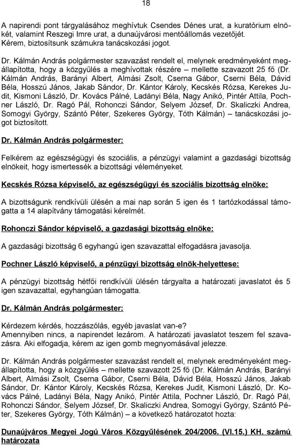 Kálmán András, Barányi Albert, Almási Zsolt, Cserna Gábor, Cserni Béla, Dávid Béla, Hosszú János, Jakab Sándor, Dr. Kántor Károly, Kecskés Rózsa, Kerekes Judit, Kismoni László, Dr.