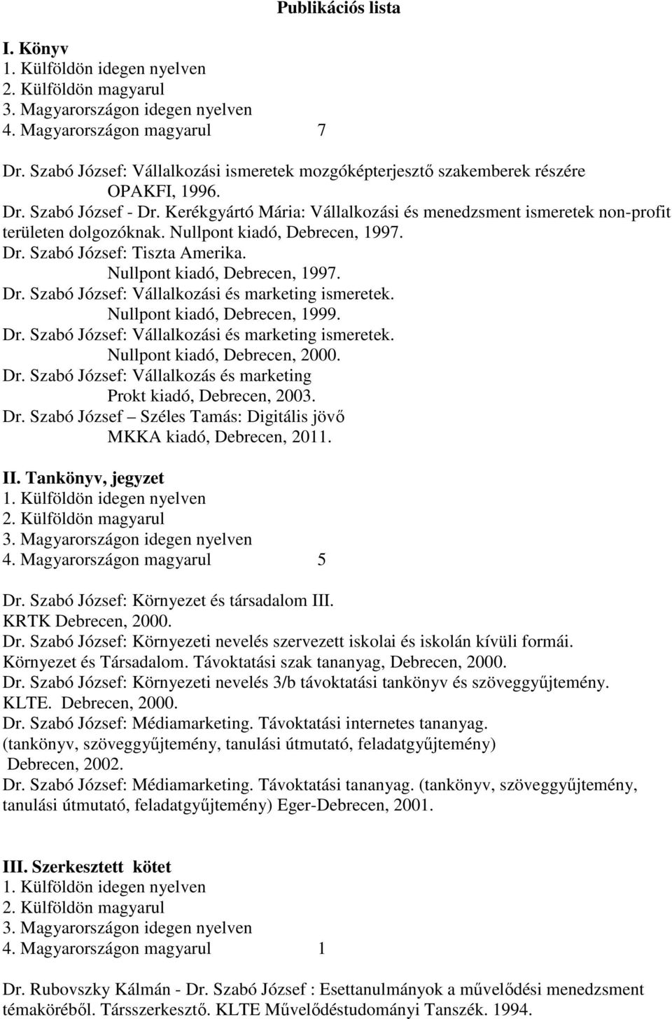 Nullpont kiadó, Debrecen, 1999. Dr. Szabó József: Vállalkozási és marketing ismeretek. Nullpont kiadó, Debrecen, 2000. Dr. Szabó József: Vállalkozás és marketing Prokt kiadó, Debrecen, 2003. Dr. Szabó József Széles Tamás: Digitális jövı MKKA kiadó, Debrecen, 2011.