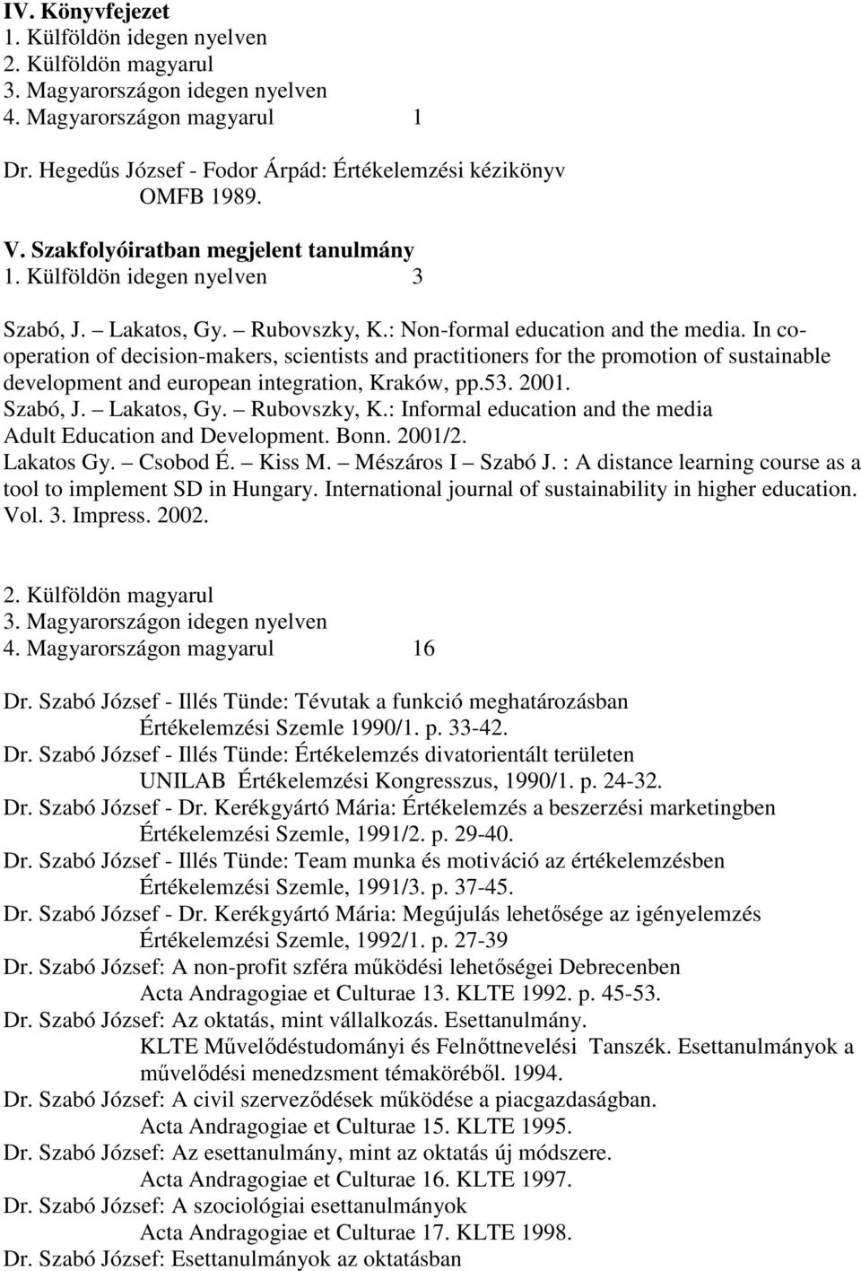 Szabó, J. Lakatos, Gy. Rubovszky, K.: Informal education and the media Adult Education and Development. Bonn. 2001/2. Lakatos Gy. Csobod É. Kiss M. Mészáros I Szabó J.