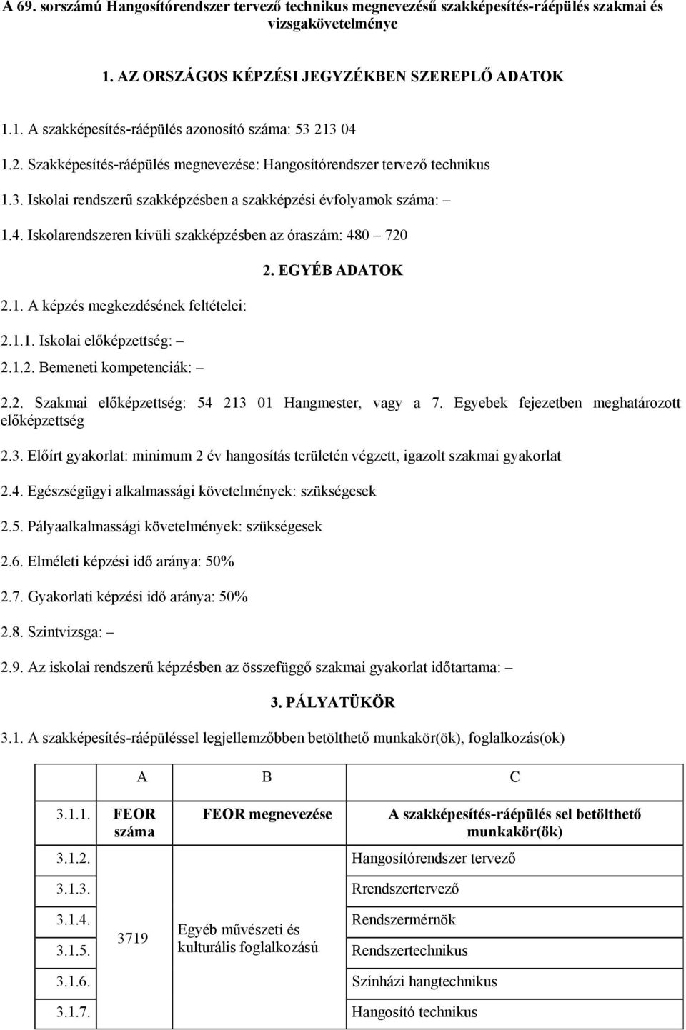 Iskolarendszeren kívüli szakképzésben az óraszám: 480 720 2.1. A képzés megkezdésének feltételei: 2.1.1. Iskolai előképzettség: 2.1.2. Bemeneti kompetenciák: 2. EGYÉB ADATOK 2.2. Szakmai előképzettség: 54 213 01 Hangmester, vagy a 7.