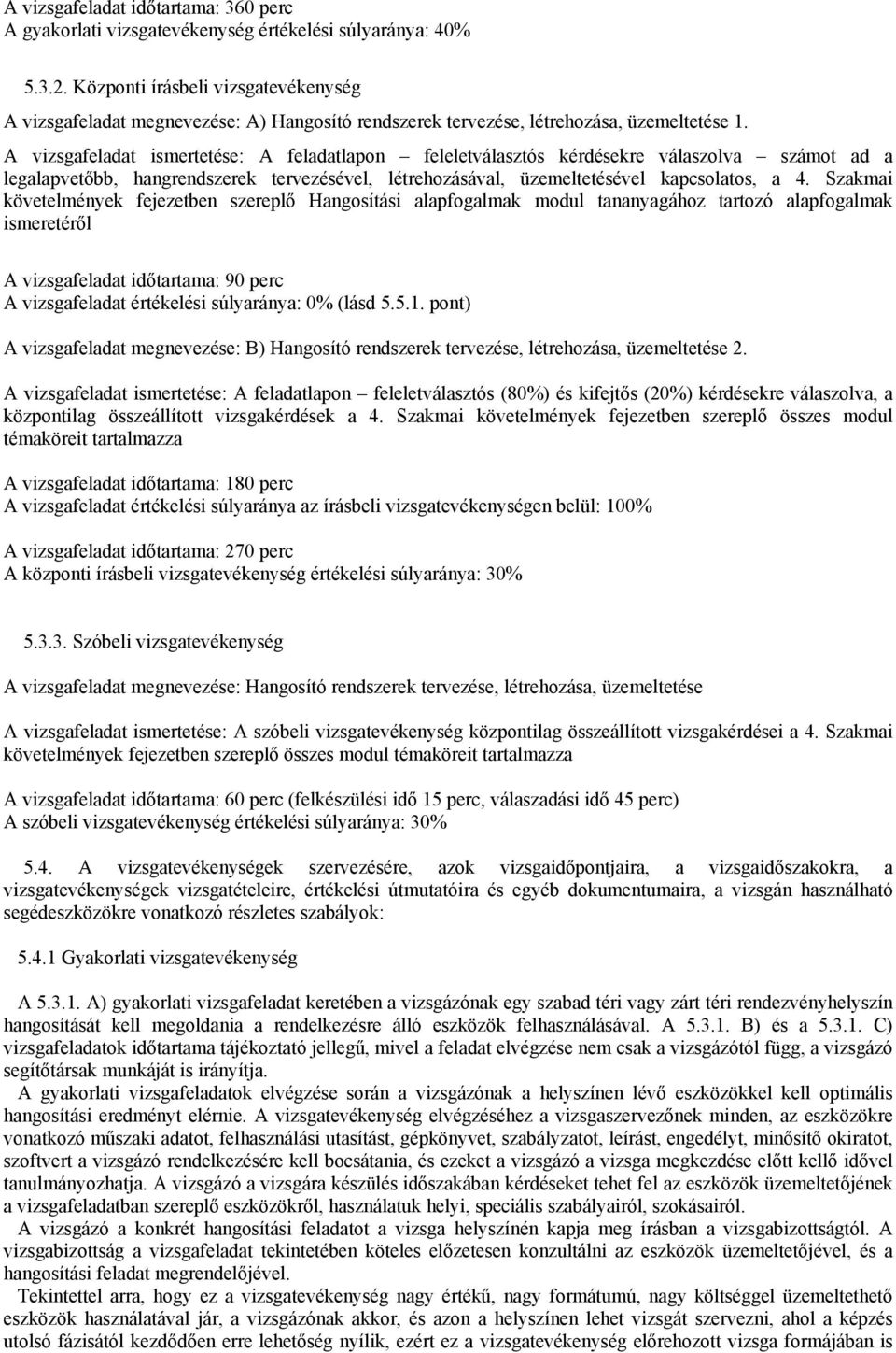 A vizsgafeladat ismertetése: A feladatlapon feleletválasztós kérdésekre válaszolva számot ad a legalapvetőbb, hangrendszerek tervezésével, létrehozásával, üzemeltetésével kapcsolatos, a 4.