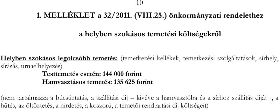 kellékek, temetkezési szolgáltatások, sírhely, sírásás, urnaelhelyezés) Testtemetés esetén: 144 000 forint Hamvasztásos