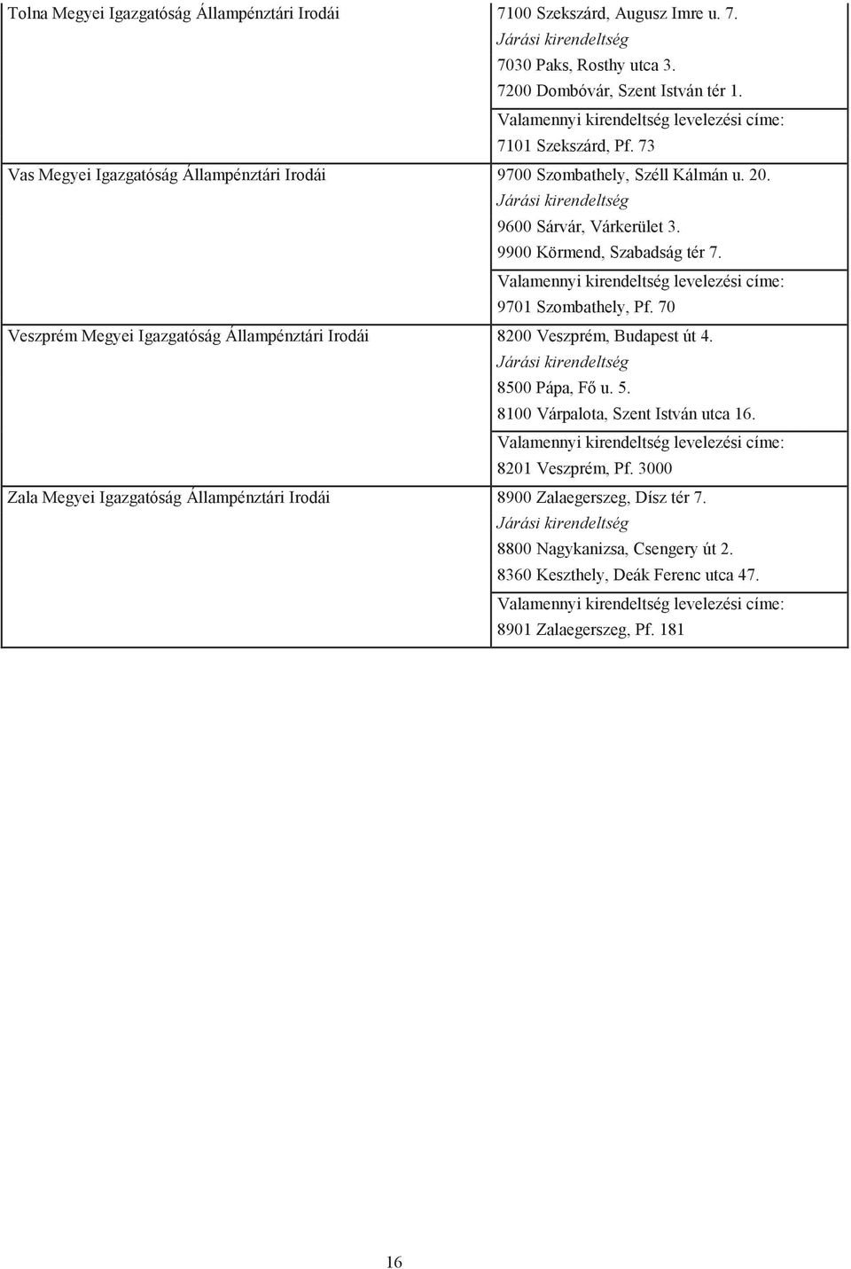 70 Veszprém Megyei Igazgatóság Állampénztári Irodái 8200 Veszprém, Budapest út 4. 8500 Pápa, Fő u. 5. 8100 Várpalota, Szent István utca 16. 8201 Veszprém, Pf.