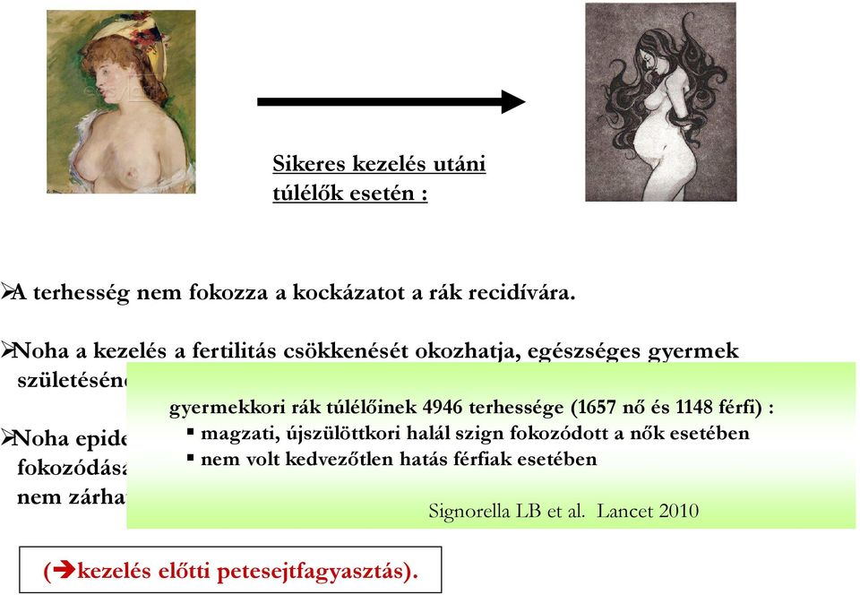 gyermekkori rák túlélőinek 4946 terhessége (1657 nő és 1148 férfi) : magzati, újszülöttkori halál szign fokozódott a nők esetében Noha epidemiológiai adatok