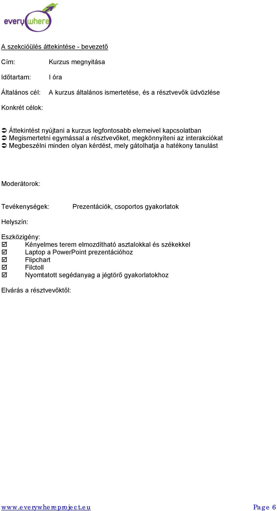 kérdést, mely gátolhatja a hatékony tanulást Moderátorok: Tevékenységek: Prezentációk, csoportos gyakorlatok Helyszín: Eszközigény: Kényelmes terem elmozdítható