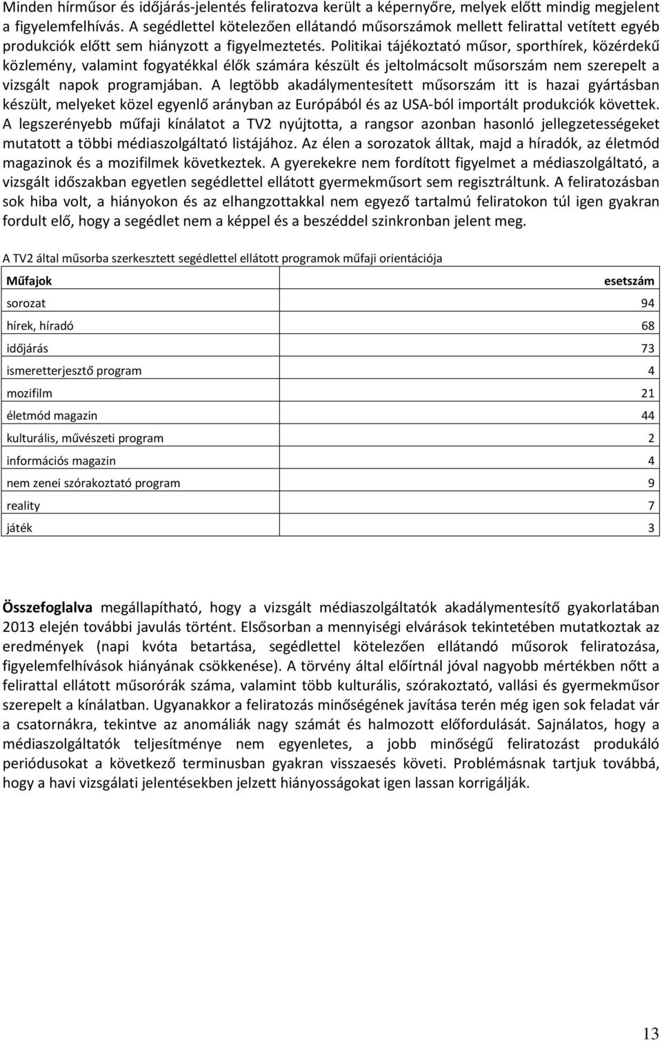 Politikai tájékoztató műsor, sporthírek, közérdekű közlemény, valamint fogyatékkal élők számára készült és jeltolmácsolt műsorszám nem szerepelt a vizsgált napok programjában.