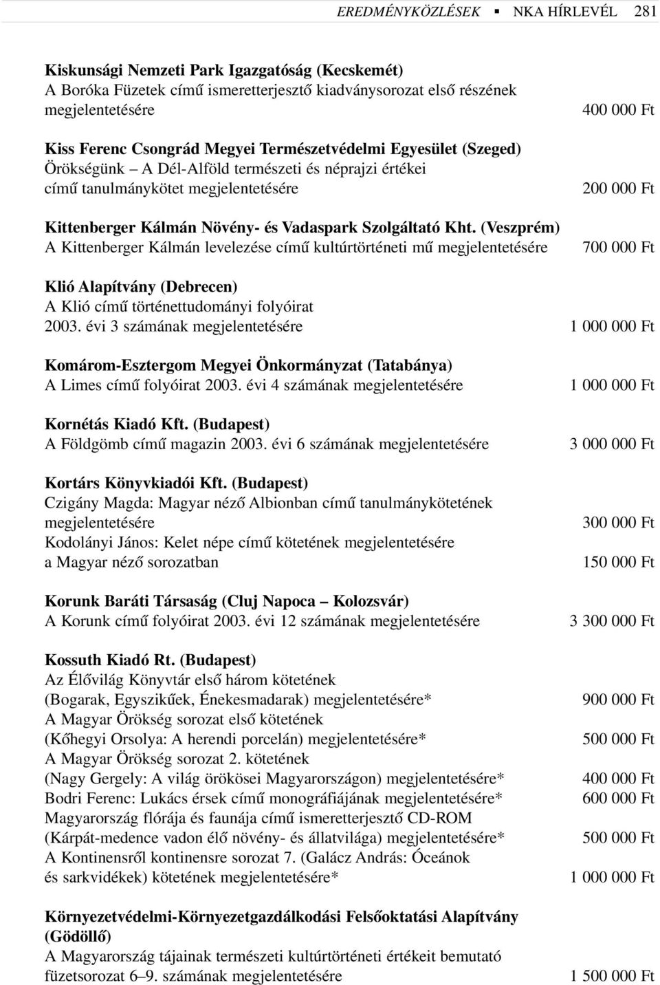 (Veszprém) A Kittenberger Kálmán levelezése címû kultúrtörténeti mû 700 000 Ft Klió Alapítvány (Debrecen) A Klió címû történettudományi folyóirat 2003.