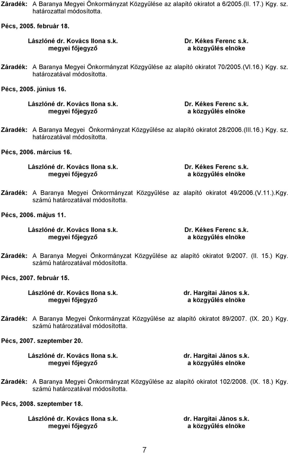 Záradék: A Baranya Megyei Önkormányzat Közgyűlése az alapító okiratot 28/2006.(III.16.) Kgy. sz. határozatával módosította. Pécs, 2006. március 16.