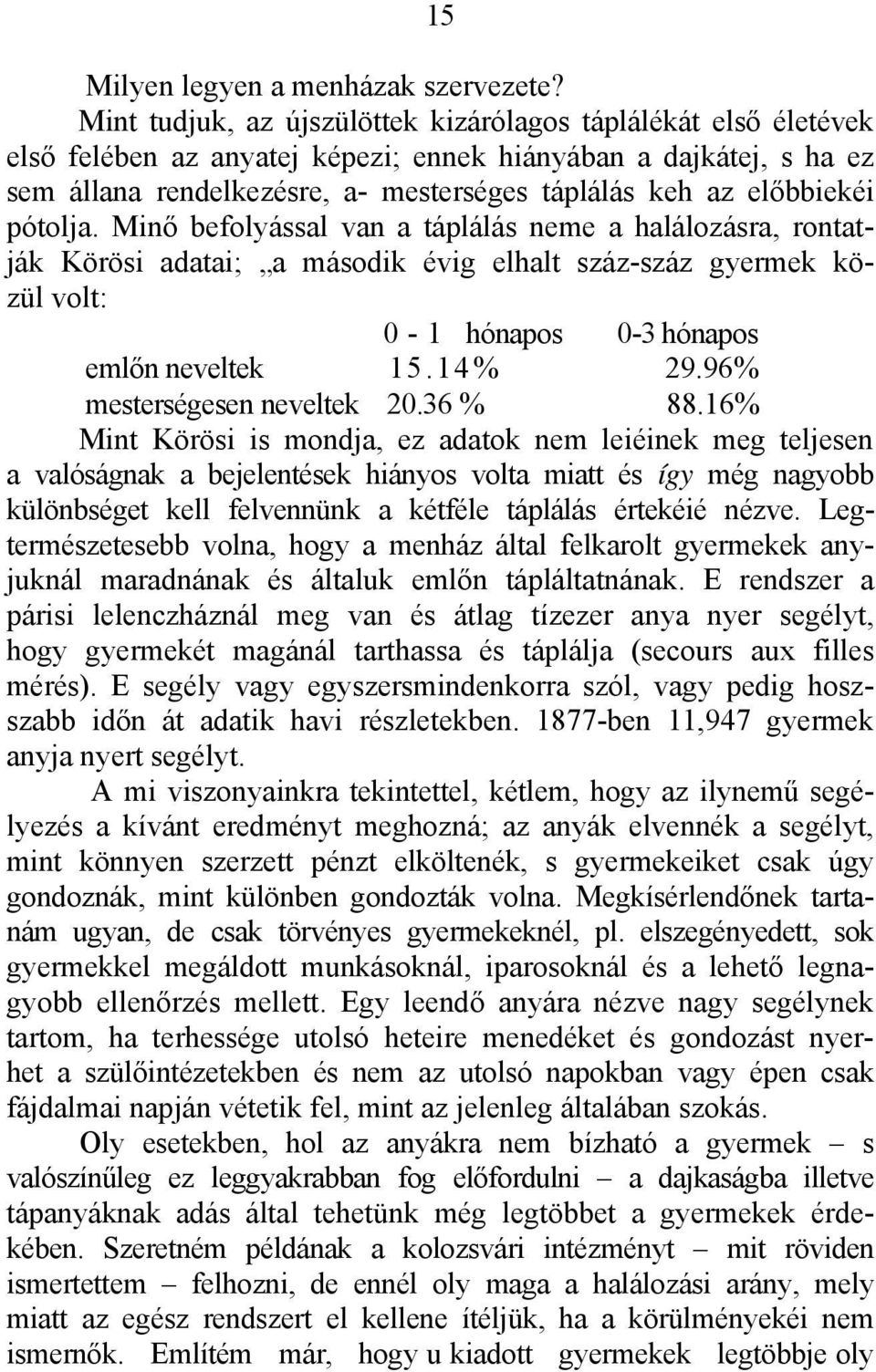 előbbiekéi pótolja. Minő befolyással van a táplálás neme a halálozásra, rontatják Körösi adatai; a második évig elhalt száz-száz gyermek közül volt: 0-1 hónapos 0-3 hónapos emlőn neveltek 15.14% 29.