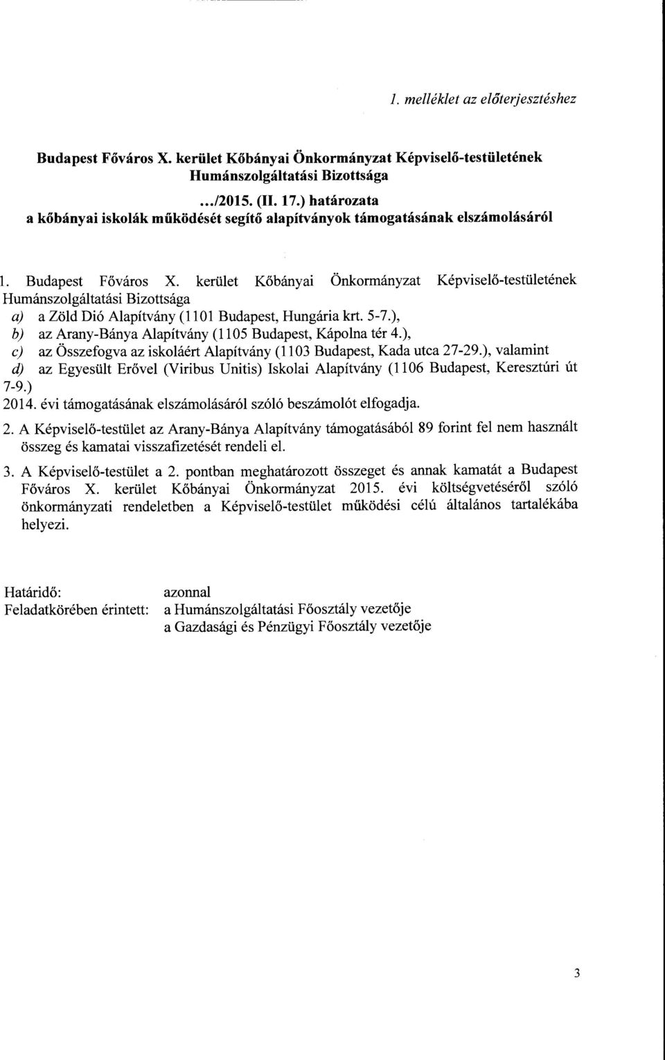 kerüet Kőbányai Önkormányzat Képviseő-testüetének Humánszogátatási Bizottsága a) a Zöd Dió Aapítvány (1101 Budapest, Hungária krt. 5-7.), b) az Arany-Bánya Aapítvány (1105 Budapest, Kápona tér 4.