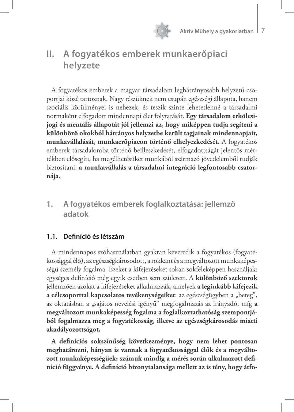 Egy társadalom erkölcsijogi és mentális állapotát jól jellemzi az, hogy miképpen tudja segíteni a különböző okokból hátrányos helyzetbe került tagjainak mindennapjait, munkavállalását, munkaerőpiacon