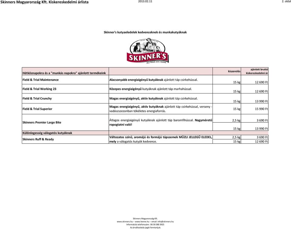Trial Superior Skinners Premier Large Bite Különlegesség válogatós kutyáknak Skinners Ruff & Ready Alacsonyabb energiaigényű kutyáknak ajánlott táp csirkehússal.