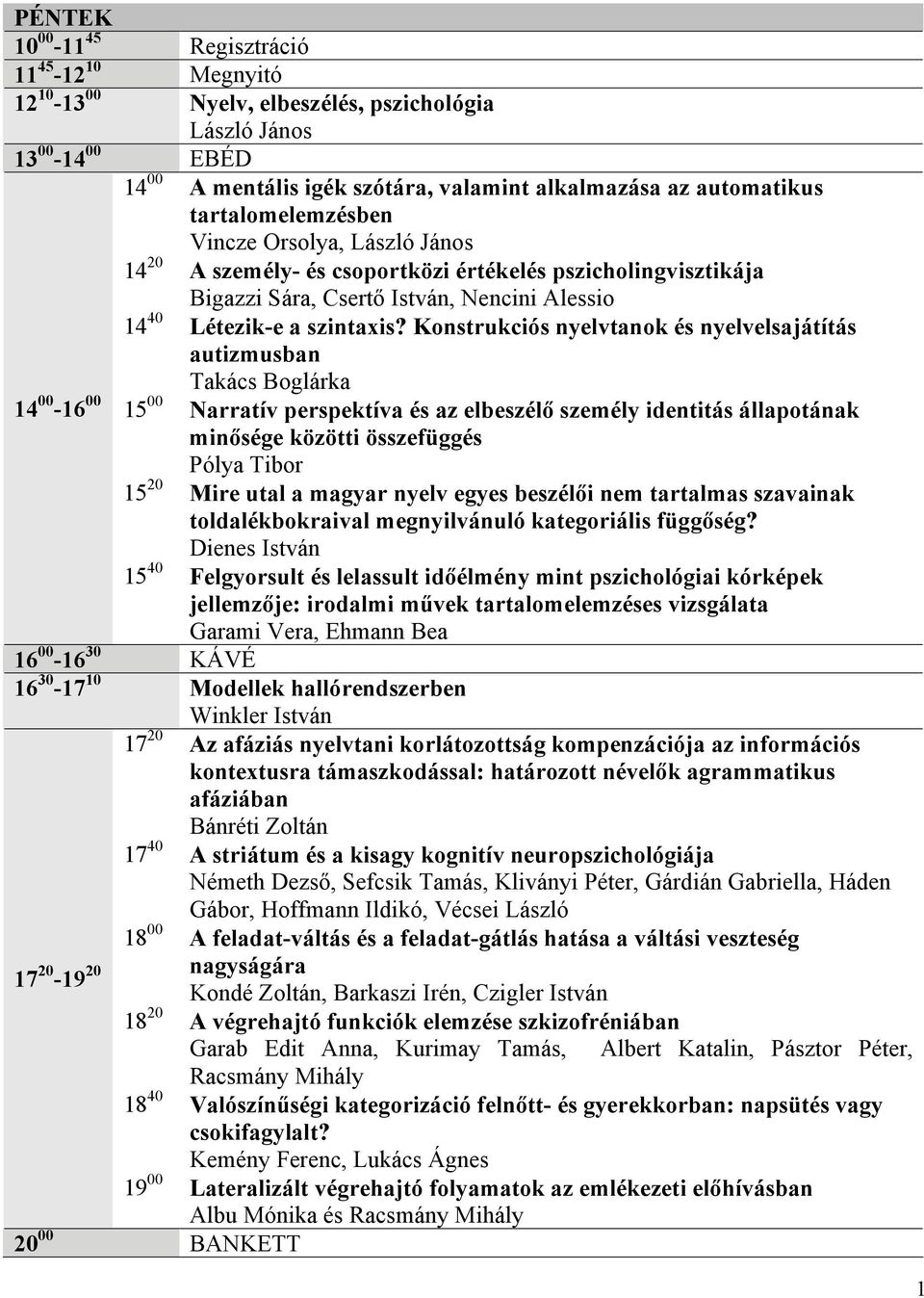 Konstrukciós nyelvtanok és nyelvelsajátítás autizmusban Takács Boglárka 14 00-16 00 15 00 Narratív perspektíva és az elbeszélő személy identitás állapotának minősége közötti összefüggés Pólya Tibor