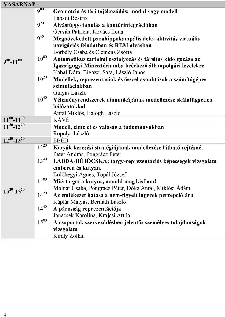 Minisztériumba beérkező állampolgári levelekre Kabai Dóra, Bigazzi Sára, László János 10 20 Modellek, reprezentációk és összehasonlítások a számítógépes szimulációkban Gulyás László 10 40