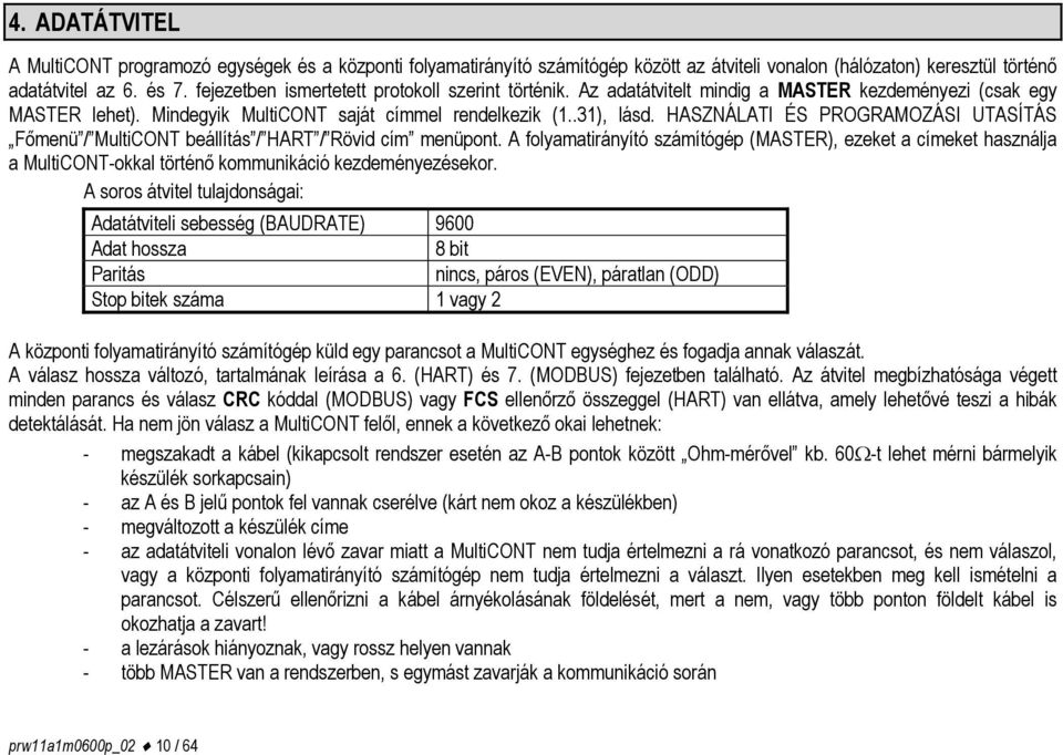 HASZNÁLATI ÉS PROGRAMOZÁSI UTASÍTÁS Főmenü / MultiCONT beállítás / HART / Rövid cím menüpont.