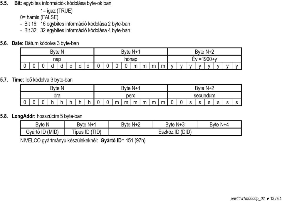 7. Time: Idő kódolva 3 byte-ban Byte N Byte N+1 Byte N+2 óra perc secundum 0 0 0 h h h h h 0 0 m m m m m m 0 0 s s s s s s 5.8.