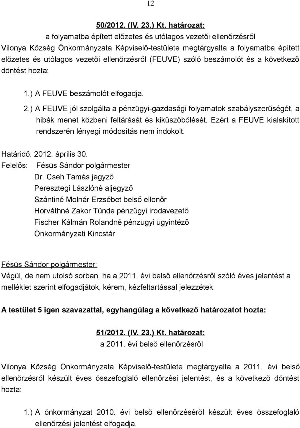 ellenőrzésről (FEUVE) szóló beszámolót és a következő döntést hozta: 1.) A FEUVE beszámolót elfogadja. 2.