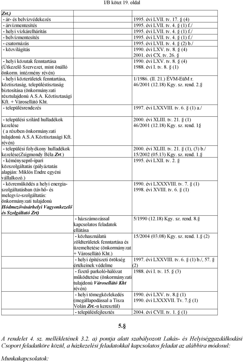 - helyi közutak fenntartása (Útkezelő Szervezet, mint önálló önkorm. intézmény révén) - helyi közterületek fenntartása, köztisztaság, településtisztaság biztosítása (önkormányzati résztulajdonú A.