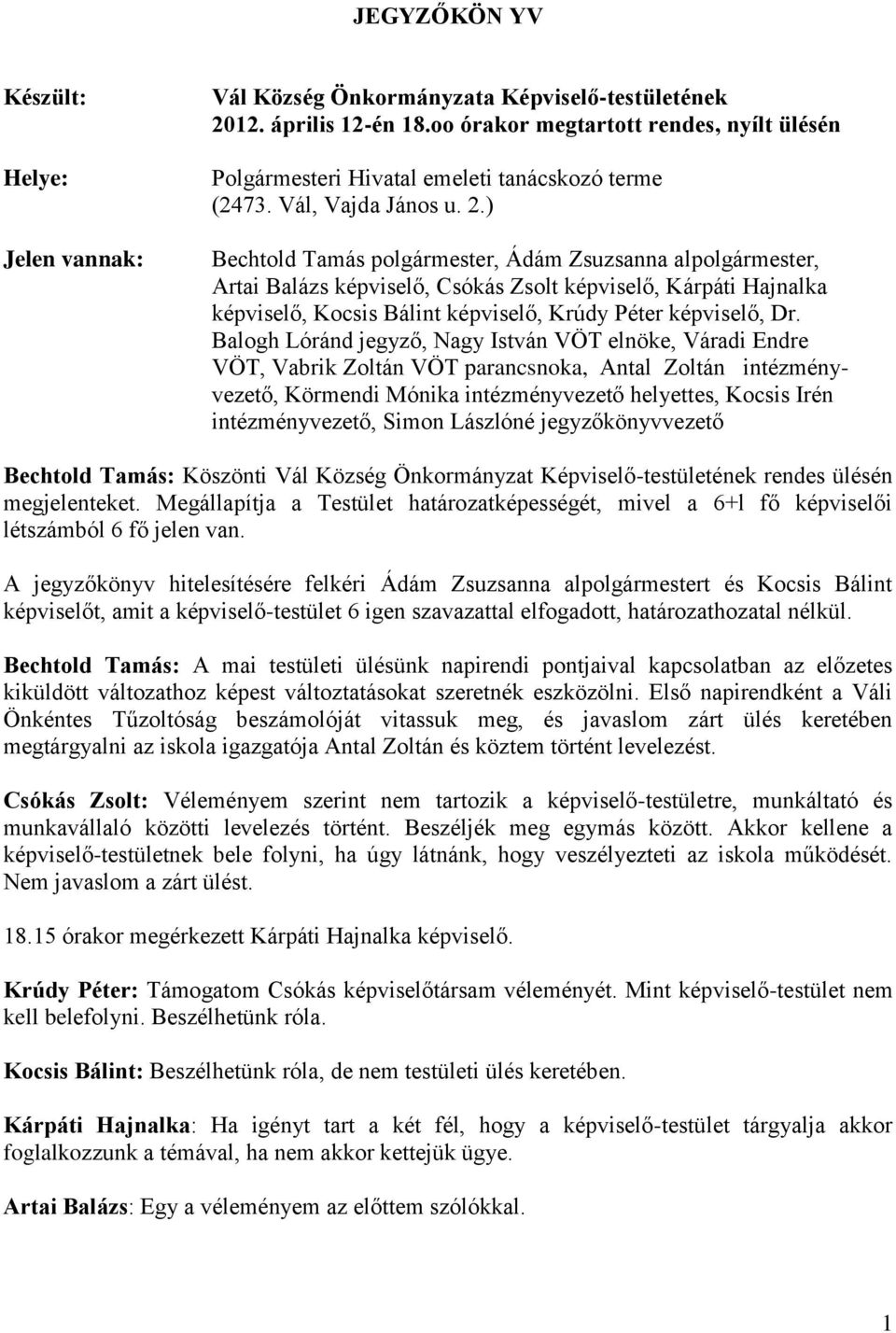 ) Bechtold Tamás polgármester, Ádám Zsuzsanna alpolgármester, Artai Balázs képviselő, Csókás Zsolt képviselő, Kárpáti Hajnalka képviselő, Kocsis Bálint képviselő, Krúdy Péter képviselő, Dr.