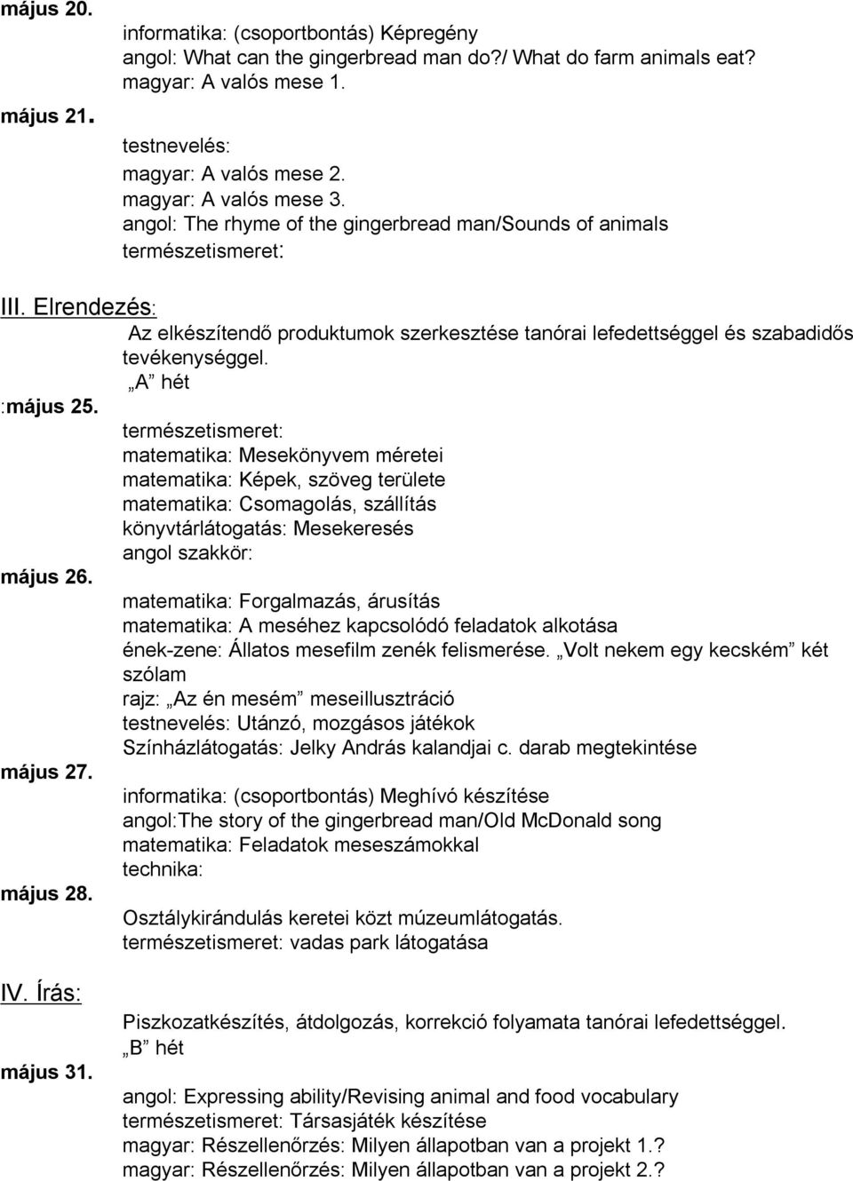 Elrendezés: Az elkészítendő produktumok szerkesztése tanórai lefedettséggel és szabadidős tevékenységgel. A hét :május 25.