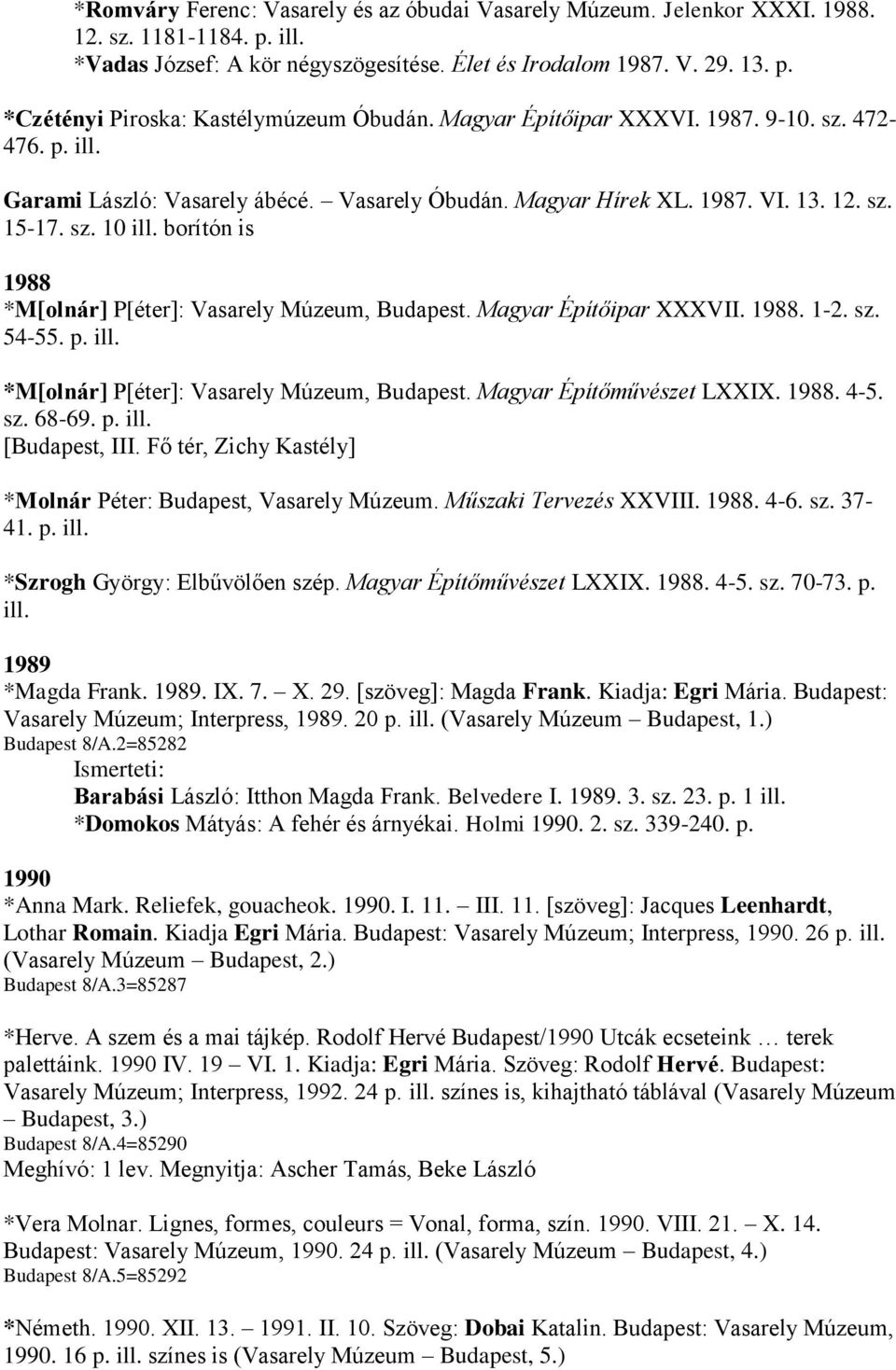 borítón is 1988 *M[olnár] P[éter]: Vasarely Múzeum, Budapest. Magyar Építőipar XXXVII. 1988. 1-2. sz. 54-55. p. ill. *M[olnár] P[éter]: Vasarely Múzeum, Budapest. Magyar Építőművészet LXXIX. 1988. 4-5.