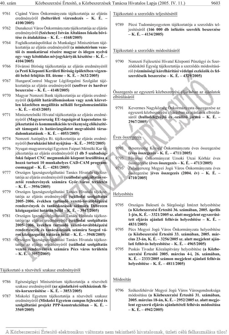 4100/2005) 9762 Du na ke szi Vá ros Ön kor mány za ta tá jé koz ta tó ja az el já rás ered mé nyé rõl (Szé che nyi Ist ván Ál ta lá nos Is kola bõvíté se és át ala kí tá sa K. É.