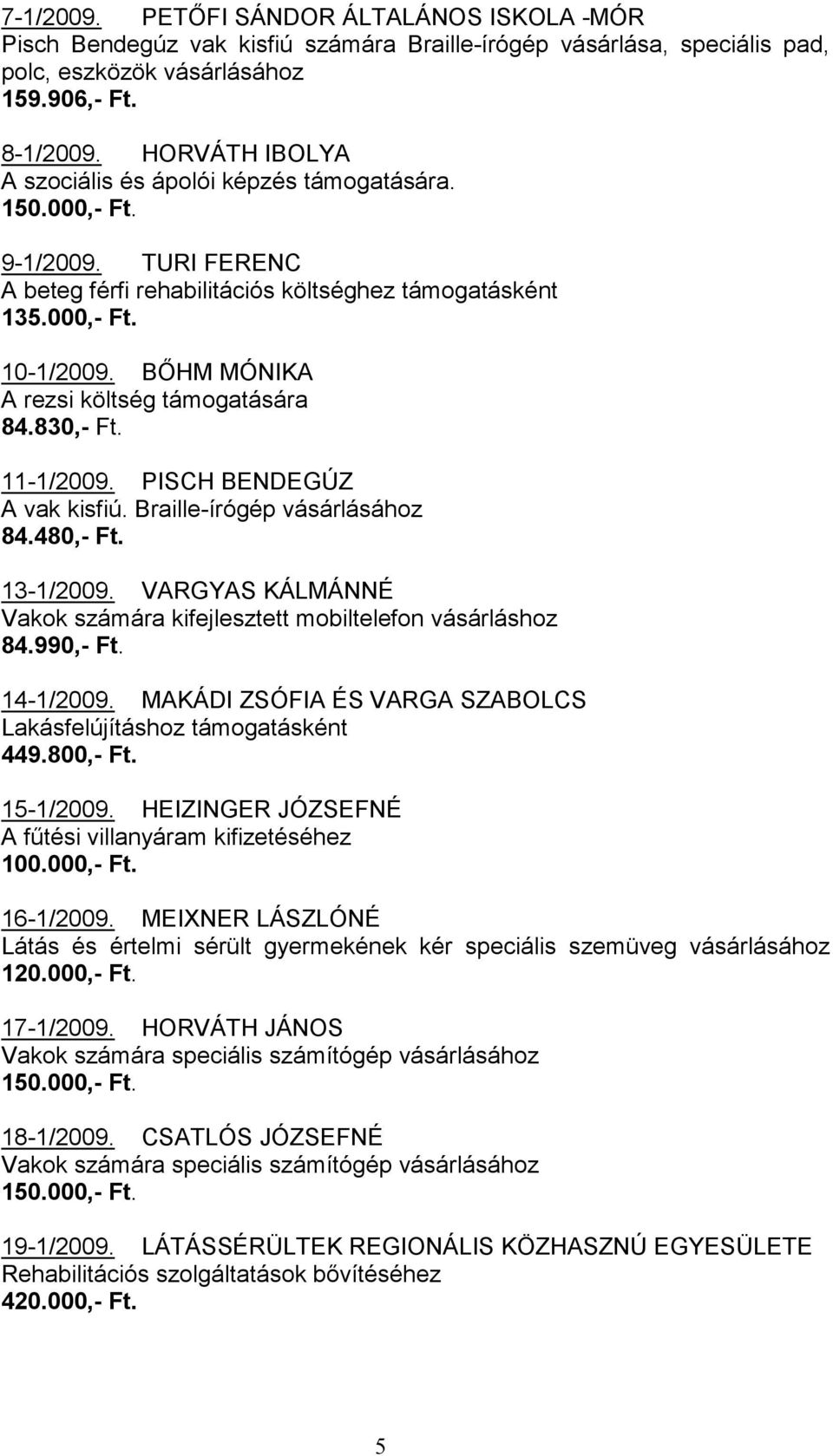 BİHM MÓNIKA A rezsi költség támogatására 84.830,- Ft. 11-1/2009. PISCH BENDEGÚZ A vak kisfiú. Braille-írógép vásárlásához 84.480,- Ft. 13-1/2009.