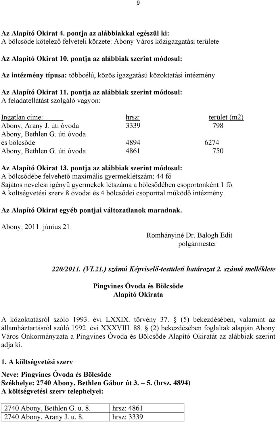 pontja az alábbiak szerint módosul: A feladatellátást szolgáló vagyon: Ingatlan címe: hrsz: terület (m2) Abony, Arany J. úti óvoda 3339 798 Abony, Bethlen G.