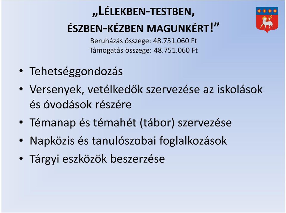 060 Ft Tehetséggondozás Versenyek, vetélkedők szervezése az iskolások és