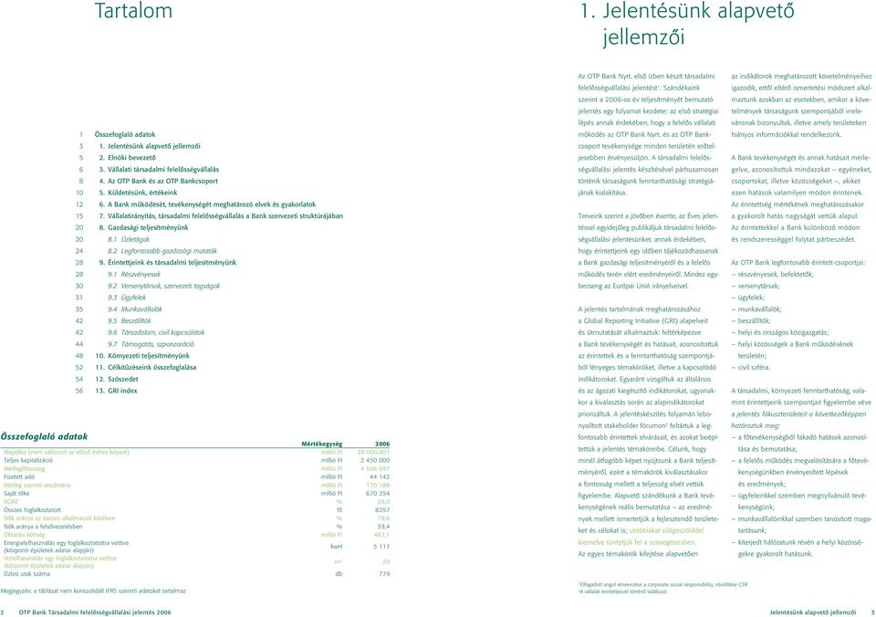 Vállalatirányítás, társadalmi felelôsségvállalás a Bank szervezeti struktúrájában 8. Gazdasági teljesítményünk 8.1 Üzletágak 8.2 Legfontosabb gazdasági mutatók 9.