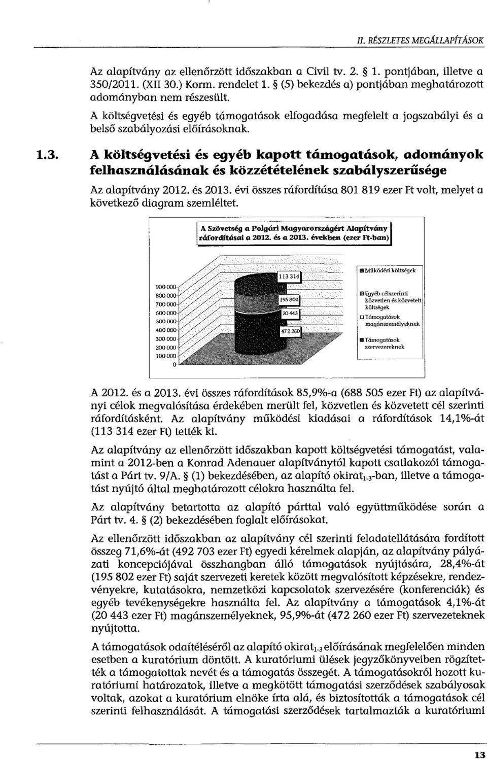 A költségvetési és egyéb kapott támogatások, adományok felhasználásának és közzétételének szabályszerűsége Az alapítvány 2012. és 2013.