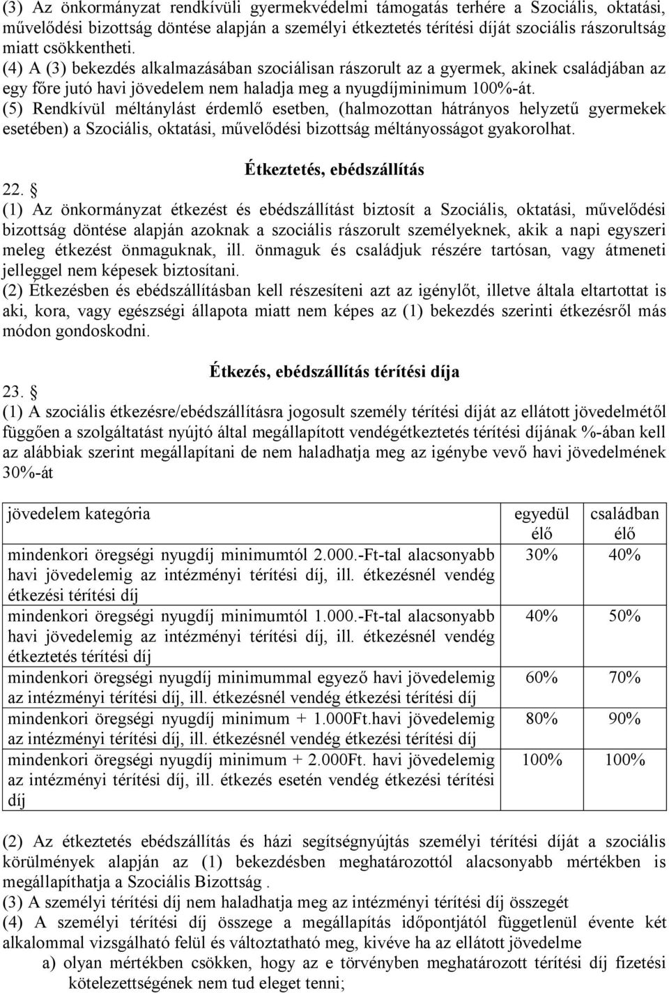 (5) Rendkívül méltánylást érdemlő esetben, (halmozottan hátrányos helyzetű gyermekek esetében) a Szociális, oktatási, művelődési bizottság méltányosságot gyakorolhat. Étkeztetés, ebédszállítás 22.