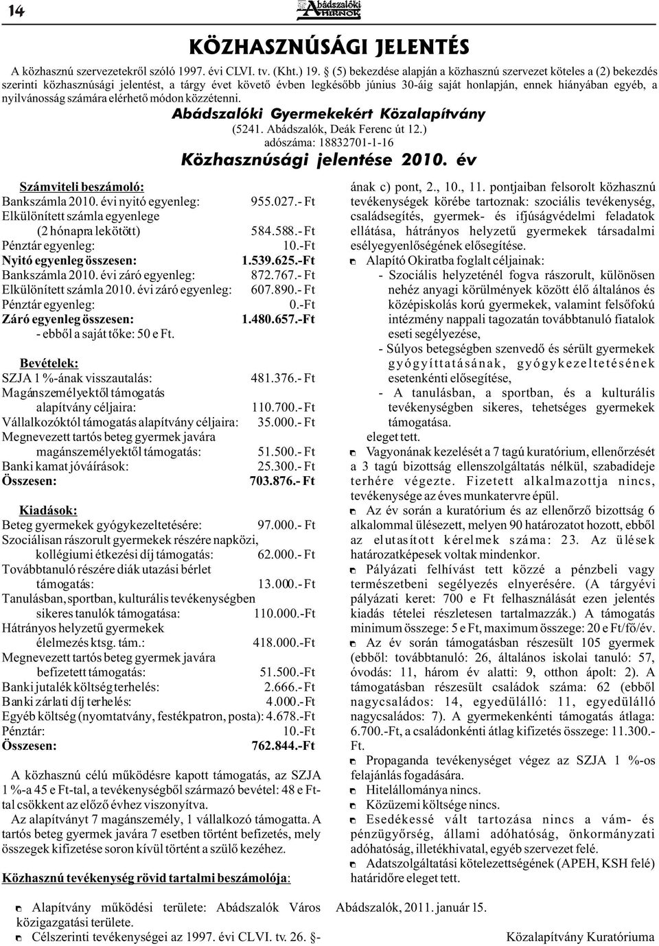 nyilvánosság számára elérhetõ módon közzétenni. Abádszalóki Gyermekekért Közalapítvány (5241. Abádszalók, Deák Ferenc út 12.) adószáma: 18832701-1-16 Közhasznúsági jelentése 2010.