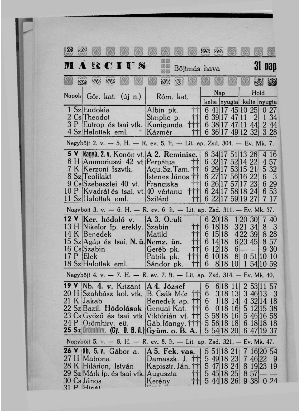 304. Ev. Mk. 7. 5 V 6 H 7 K 8 Sz 9 Cs 10 P 11 S?. Nayyl). 2. V. Konón vt. Ammoriuszi 42 vt. Kerzoni fszvik. Teofilakt Szebasztei 40 vi. Kvadrát és tsai. vt Halottak eml. A 2. Reminisc.