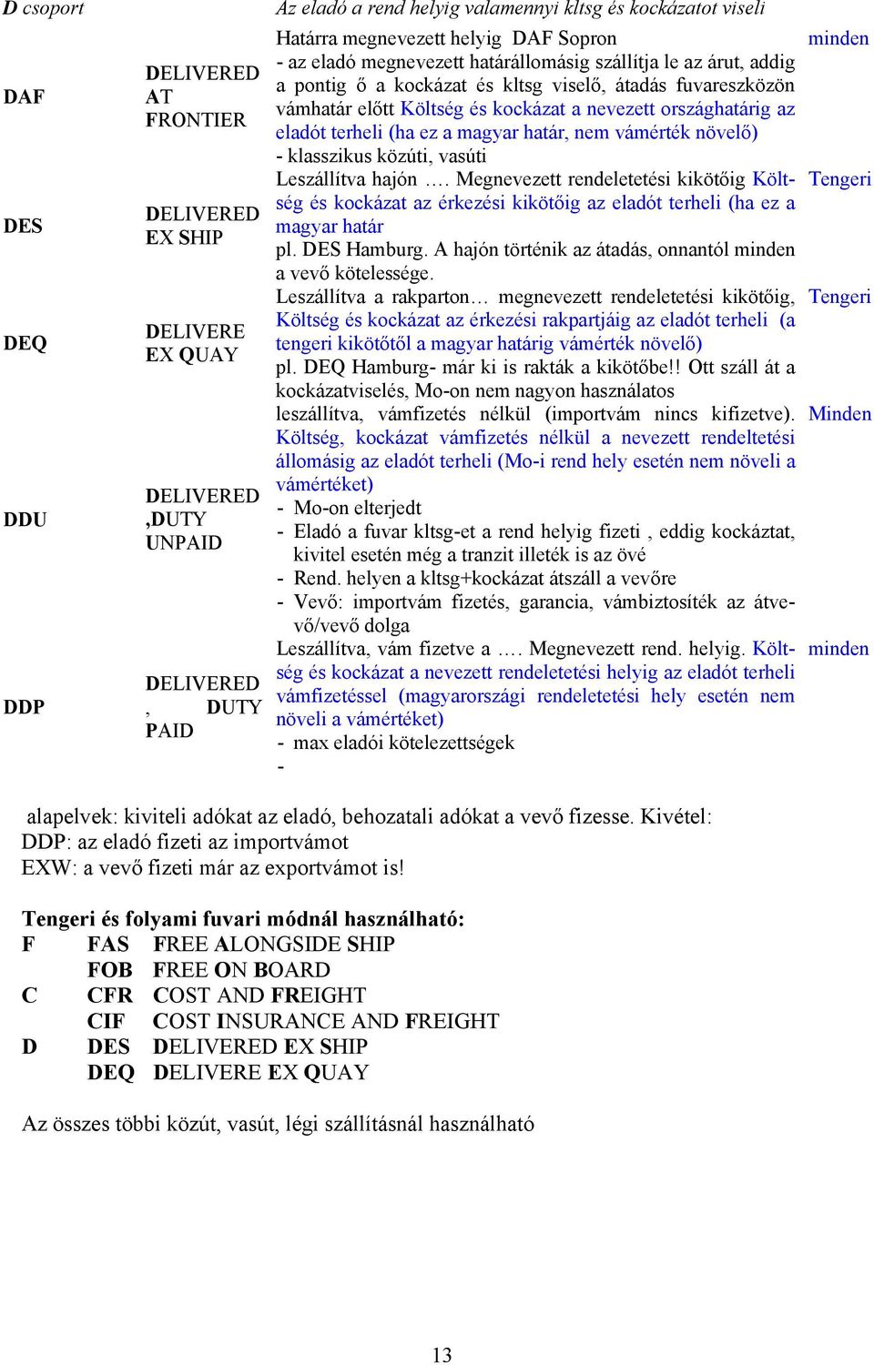 nevezett országhatárig az eladót terheli (ha ez a magyar határ, nem vámérték növelő) - klasszikus közúti, vasúti Leszállítva hajón.