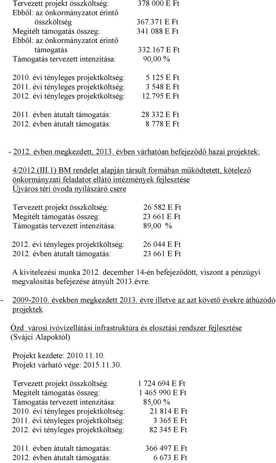 évben átutalt támogatás: 28 332 E Ft 2012. évben átutalt támogatás: 8 778 E Ft - 2012. évben megkezdett, 2013. évben várhatóan befejeződő hazai projektek: 4/2012.(III.