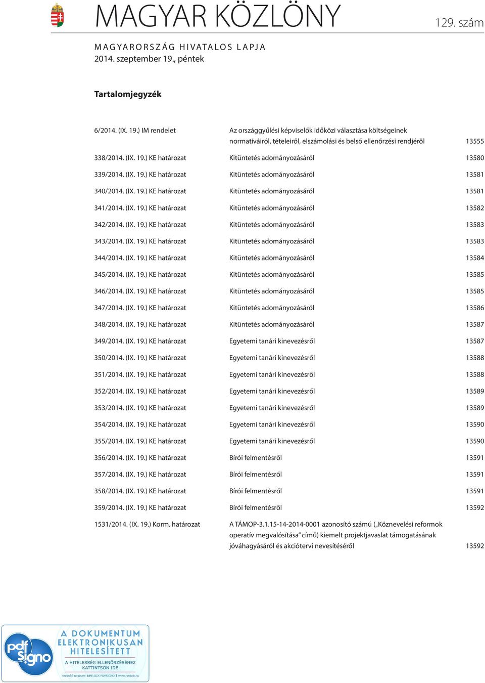 (IX. 19.) KE határozat Kitüntetés adományozásáról 13580 339/2014. (IX. 19.) KE határozat Kitüntetés adományozásáról 13581 340/2014. (IX. 19.) KE határozat Kitüntetés adományozásáról 13581 341/2014.