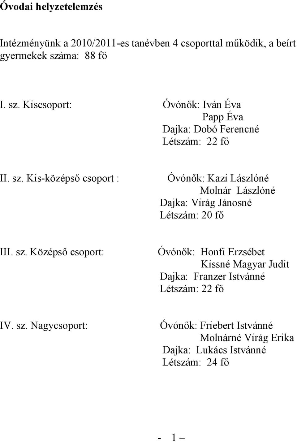 sz. Középső csoport: Óvónők: Honfi Erzsébet Kissné Magyar Judit Dajka: Franzer Istvánné Létszám: 22 fő IV. sz.