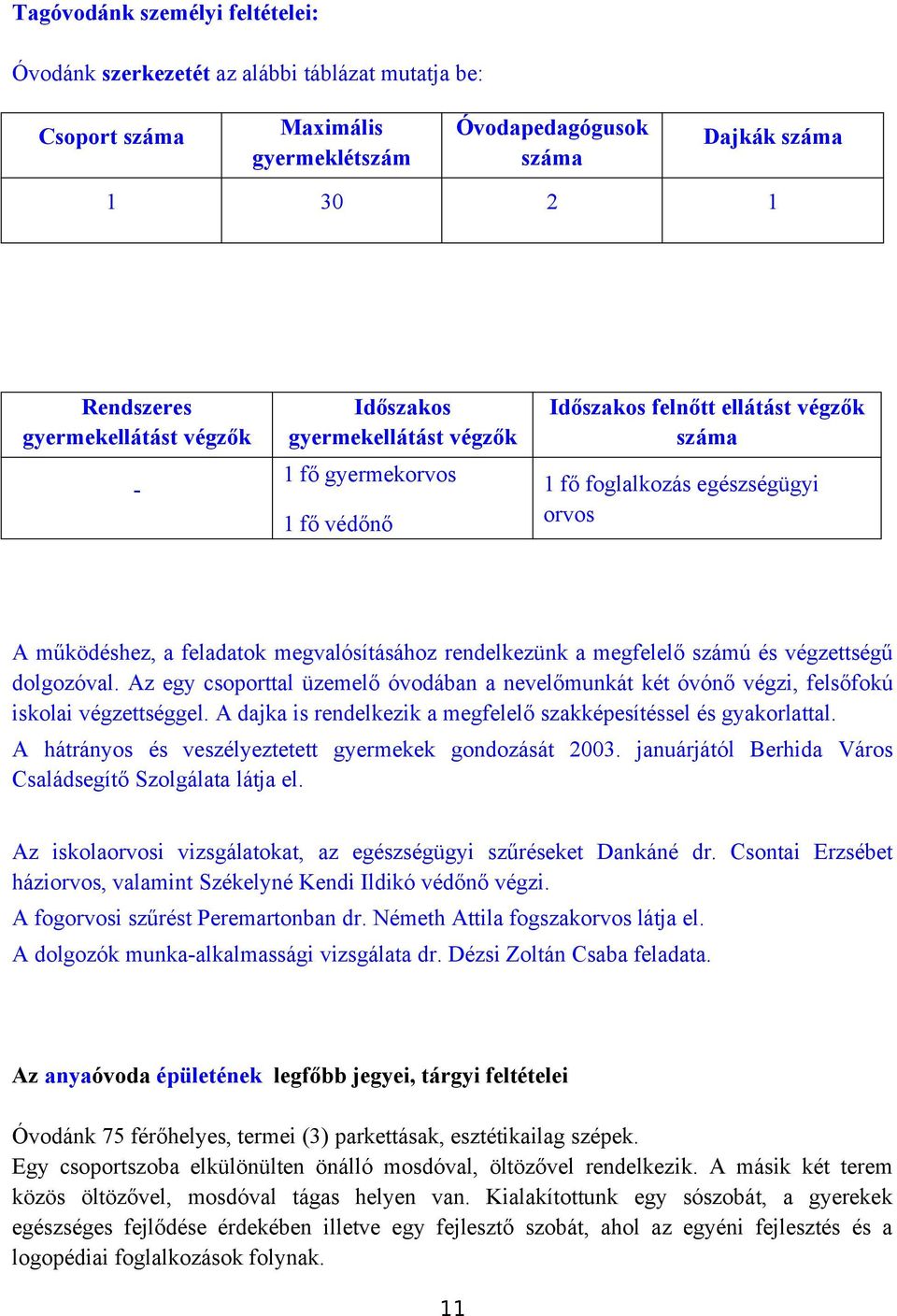 megvalósításához rendelkezünk a megfelelő számú és végzettségű dolgozóval. Az egy csoporttal üzemelő óvodában a nevelőmunkát két óvónő végzi, felsőfokú iskolai végzettséggel.