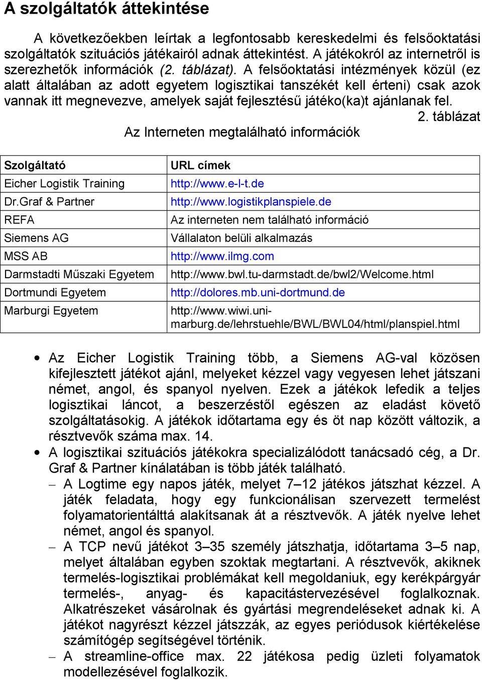 A felsőoktatási intézmények közül (ez alatt általában az adott egyetem logisztikai tanszékét kell érteni) csak azok vannak itt megnevezve, amelyek saját fejlesztésű játéko(ka)t ajánlanak fel. 2.