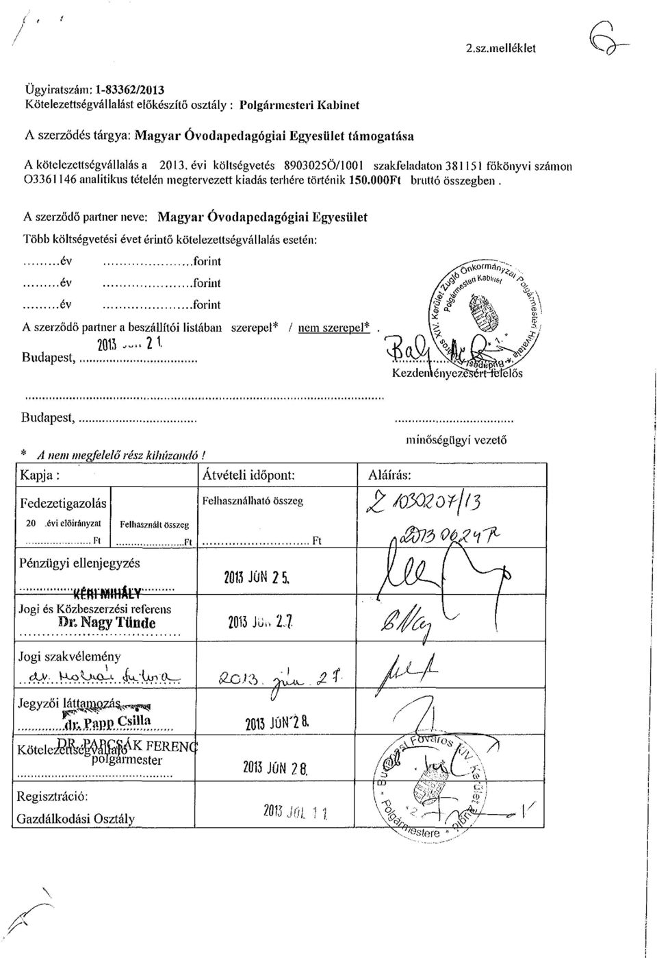 évi költségvetés 8903025Ö/1001 szakfeladaton 381151 főkönyvi számon 03361146 analitikus tételén megtervezett kiadás terhére történik 150.000Ft bruttó összegben.