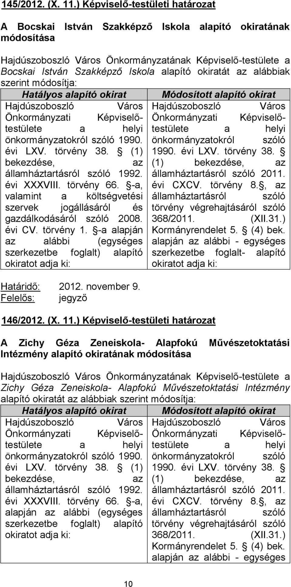 szervek jogállásáról és gdálkodásáról szóló 2008. évi CV. törvény 1. -a alapján alábbi (egységes 146/2012. (X. 11.) Képviselő-testületi határozat önkormányzatokról szóló 1990. évi LXV. törvény 38.