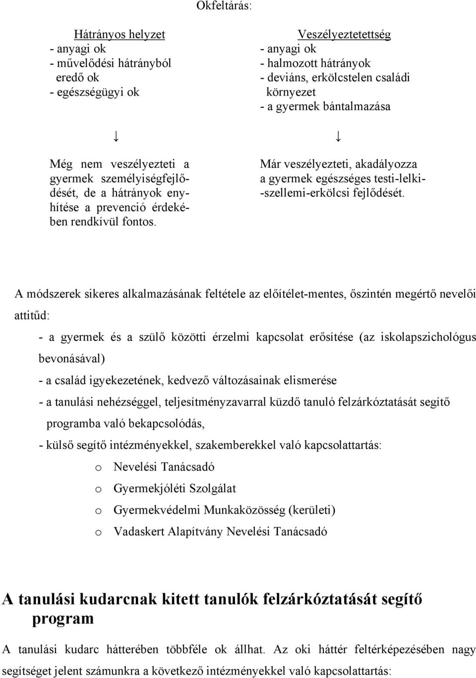 Veszélyeztetettség - anyagi ok - halmozott hátrányok - deviáns, erkölcstelen családi környezet - a gyermek bántalmazása Már veszélyezteti, akadályozza a gyermek egészséges testi-lelki-