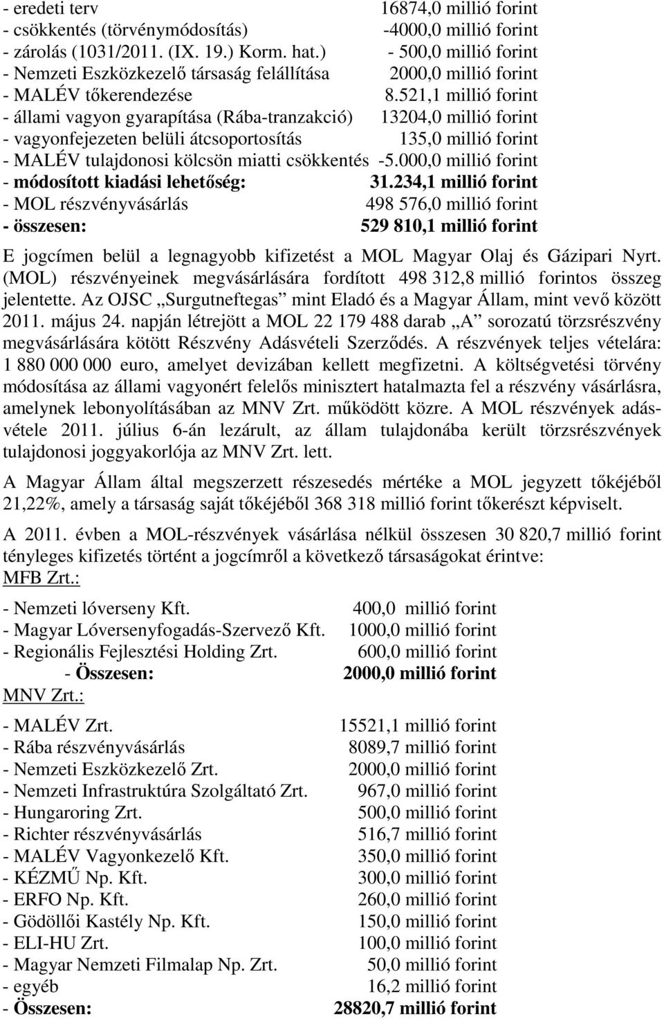 521,1 millió forint - állami vagyon gyarapítása (Rába-tranzakció) 13204,0 millió forint - vagyonfejezeten belüli átcsoportosítás 135,0 millió forint - MALÉV tulajdonosi kölcsön miatti csökkentés -5.