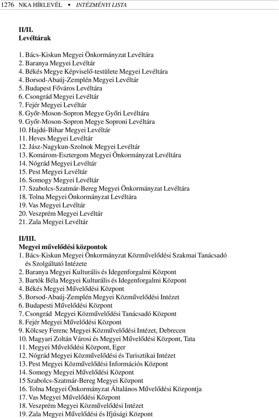 Gyõr-Moson-Sopron Megye Soproni Levéltára 10. Hajdú-Bihar Megyei Levéltár 11. Heves Megyei Levéltár 12. Jász-Nagykun-Szolnok Megyei Levéltár 13. Komárom-Esztergom Megyei Önkormányzat Levéltára 14.