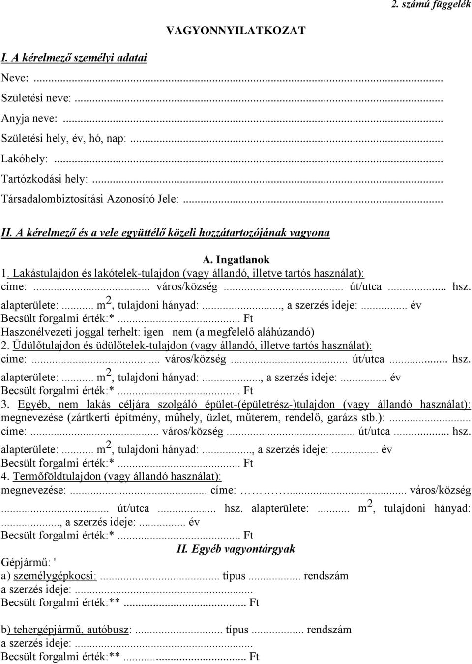 Lakástulajdon és lakótelek-tulajdon (vagy állandó, illetve tartós használat): címe:... város/község... út/utca... hsz. alapterülete:... m 2, tulajdoni hányad:..., a szerzés ideje:.