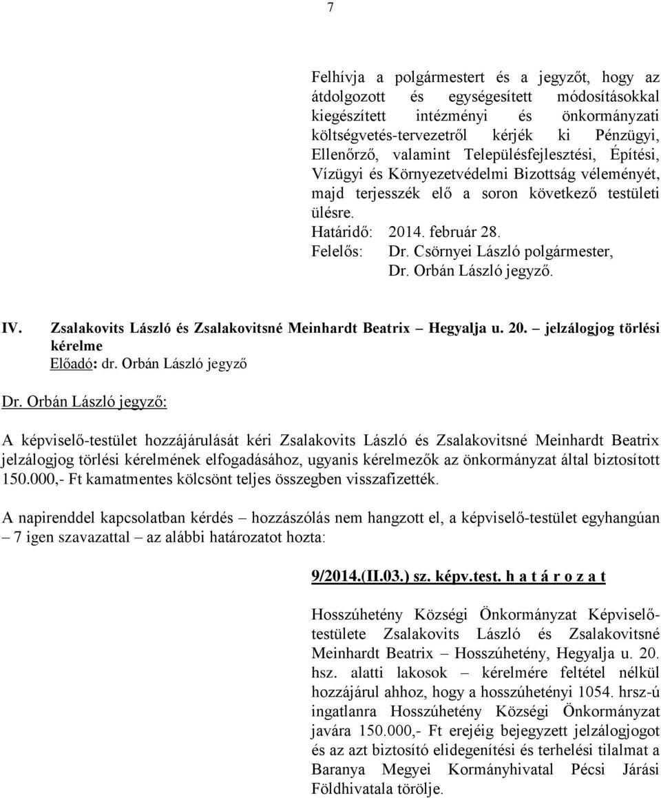 Csörnyei László polgármester, Dr. Orbán László jegyző. IV. Zsalakovits László és Zsalakovitsné Meinhardt Beatrix Hegyalja u. 20. jelzálogjog törlési kérelme Előadó: dr. Orbán László jegyző Dr.