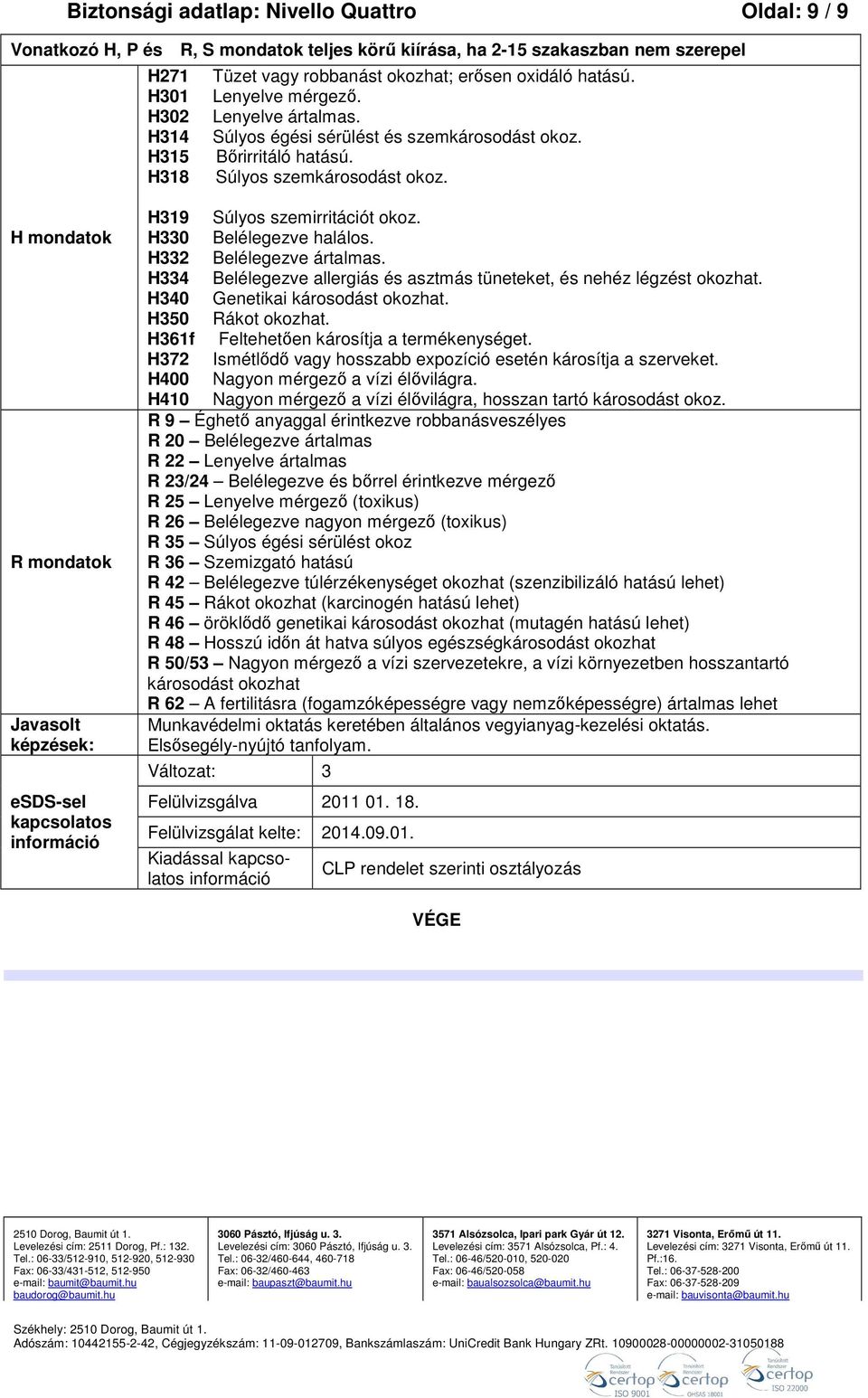 H mondatok R mondatok Javasolt képzések: esdssel kapcsolatos információ H319 Súlyos szemirritációt okoz. H330 Belélegezve halálos. H332 Belélegezve ártalmas.